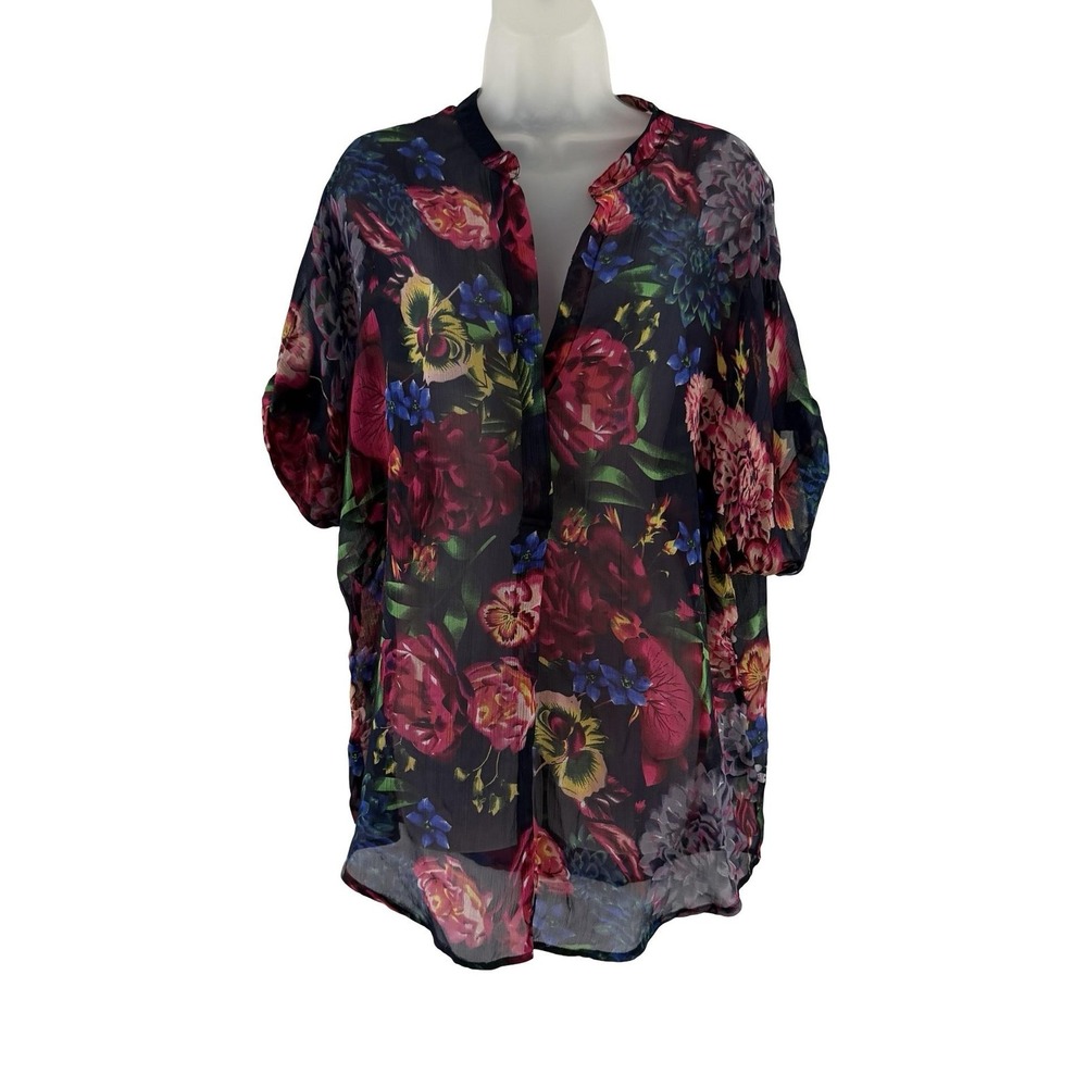 Pia Rossini Tunic Top Womens S/M Multicolor Floral Sheer V Neck Boho Chiffon